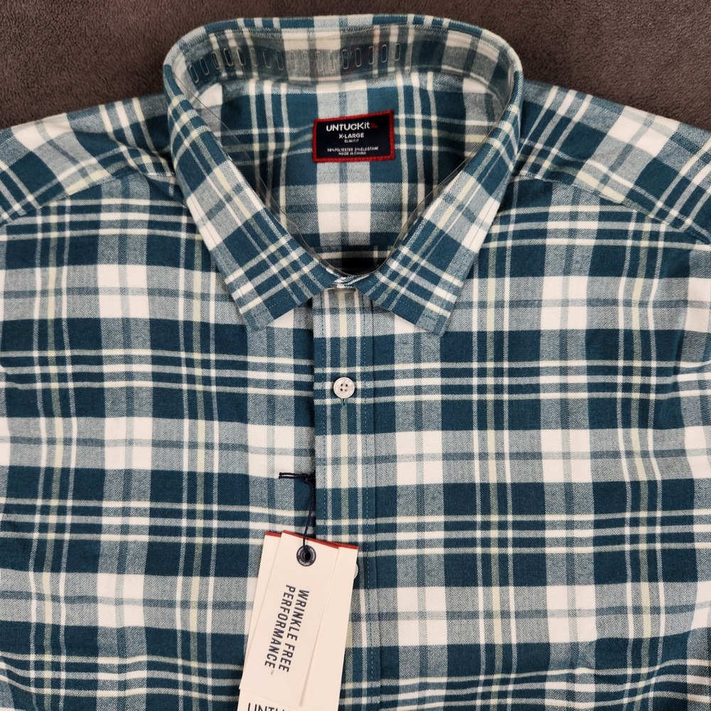 UNTUCKit Ferney Flannel Shirt Mens XL Slim Teal Plaid Wrinkle Free Button Up NEW